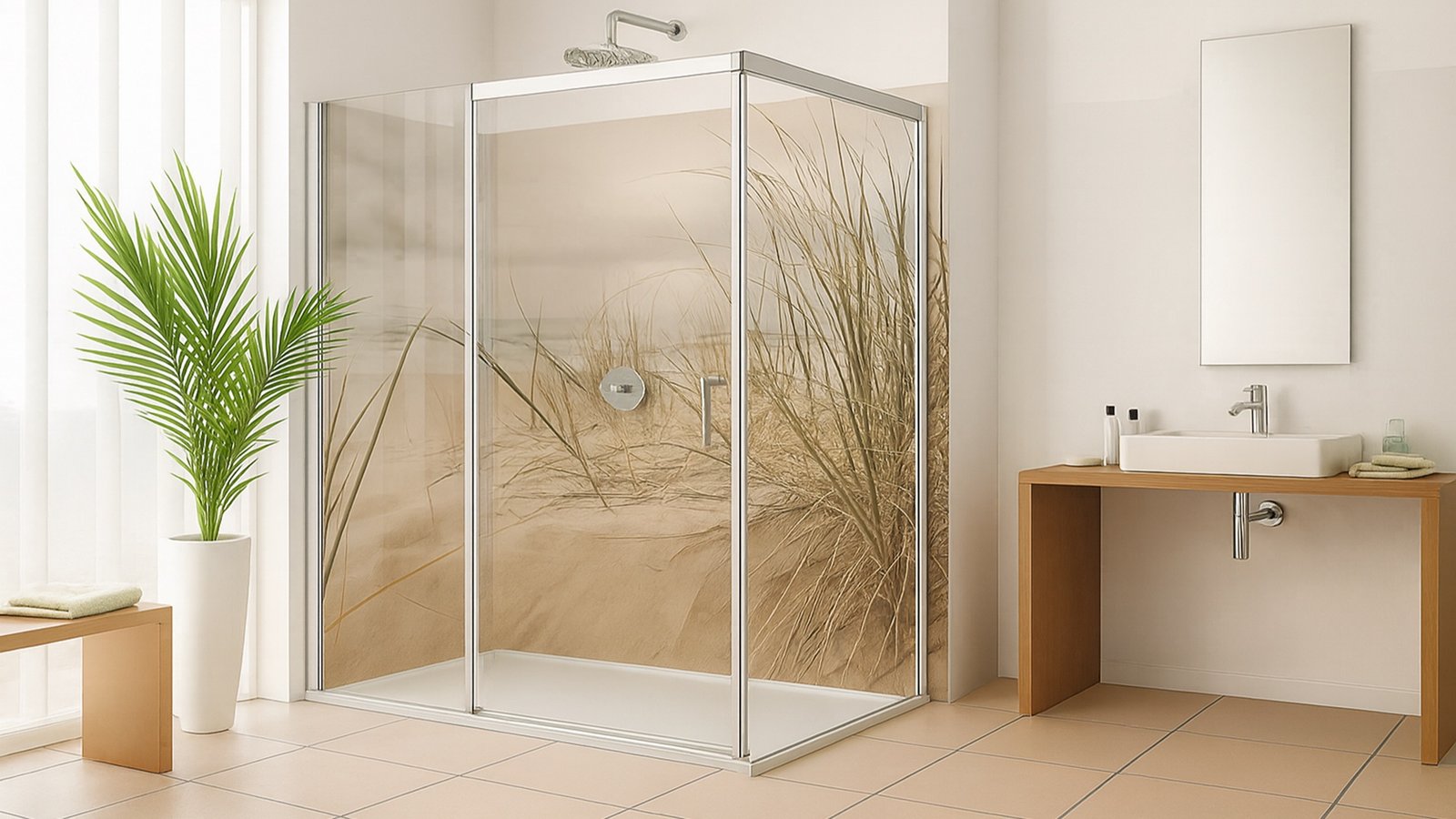 Baño con panel PlateART instalado, vista lateral
